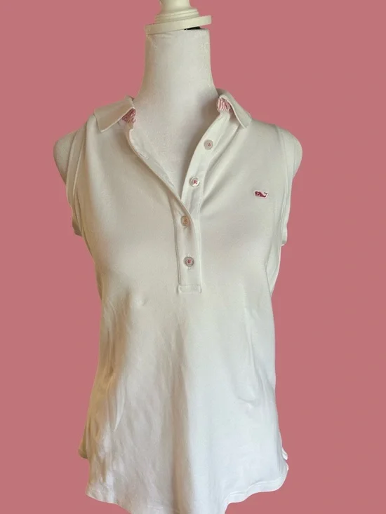 Vineyard Vines White Sleeveless Polo Tank with Pink Whale Logo - Picture 1 of 5